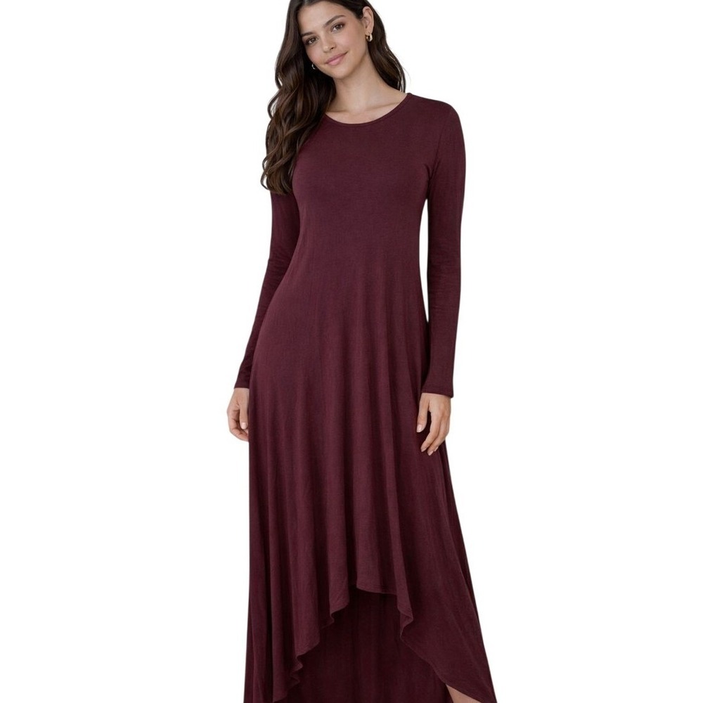 BCBG Max Azria Burgundy Asymmetrical Midi Dress XS Long Sleeve‎ High Low Wedding
